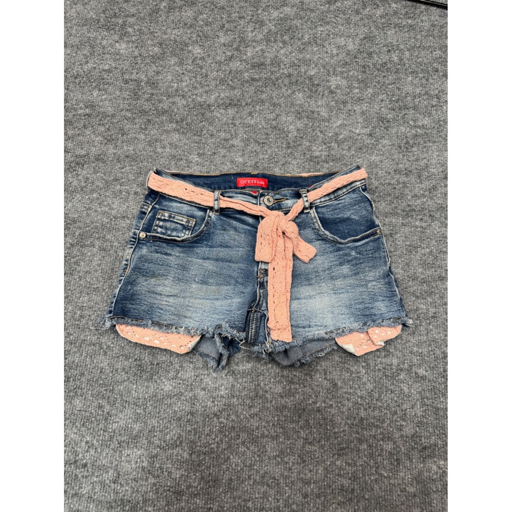 Guess Kids Girls Denim Shorts Size 14 Blue Medium Wash Pink Crochet Belt J88D00